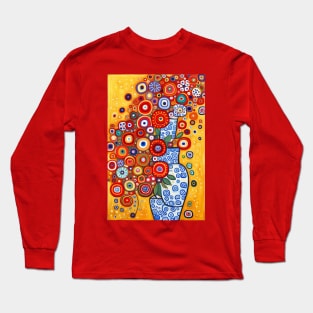 Cute Abstract Flowers in a Blue and White Vase Still Life Painting Long Sleeve T-Shirt